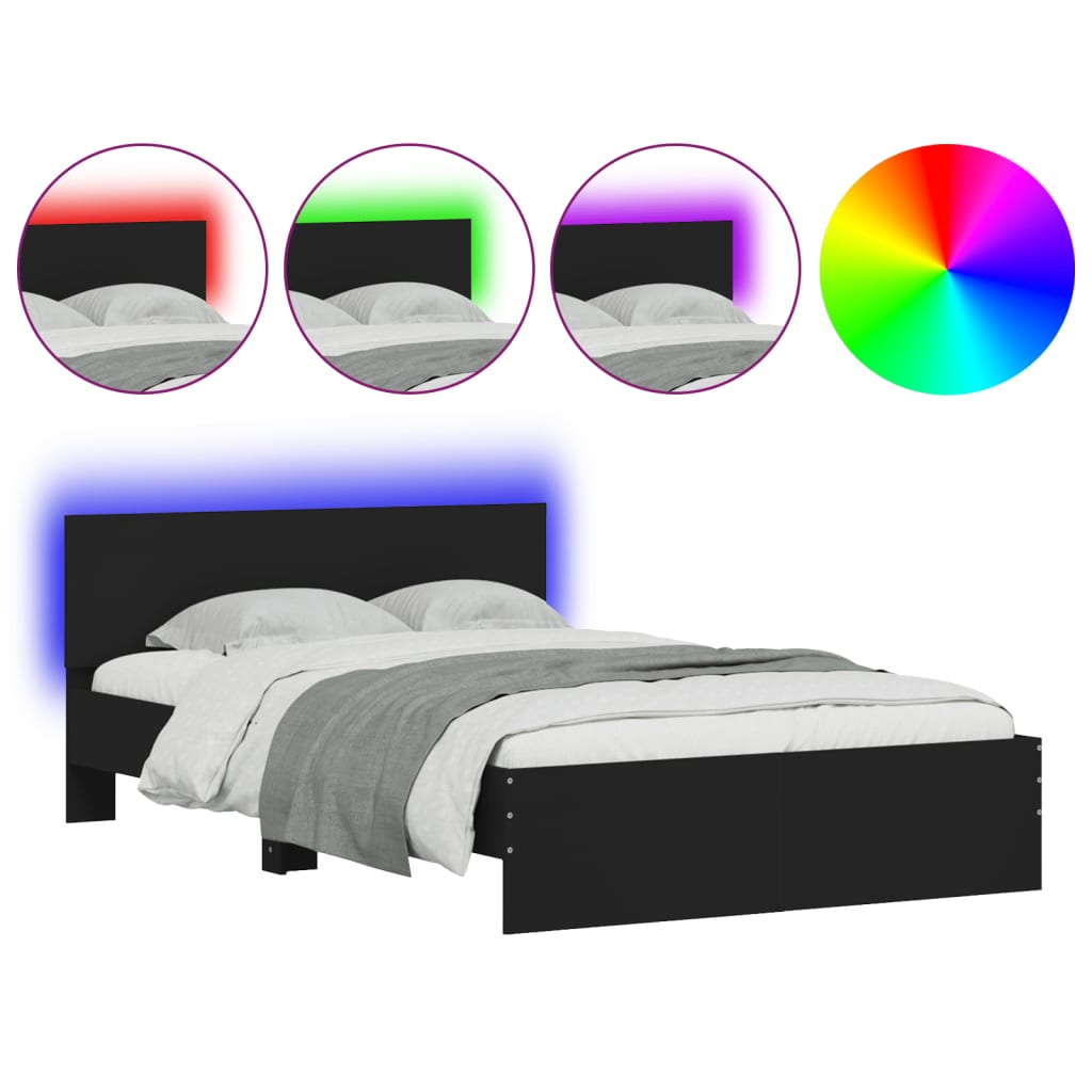 Estrutura de cama com cabeceira e luzes LED 135x190 cm preto