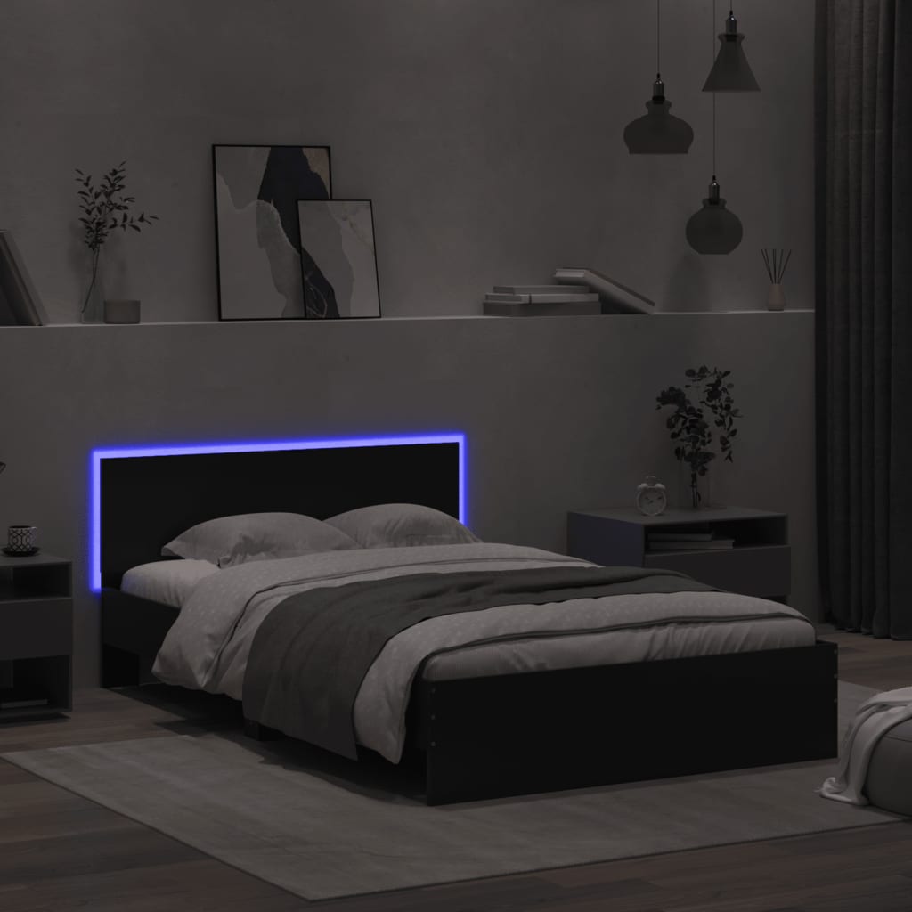 Estrutura de cama com cabeceira e luzes LED 135x190 cm preto