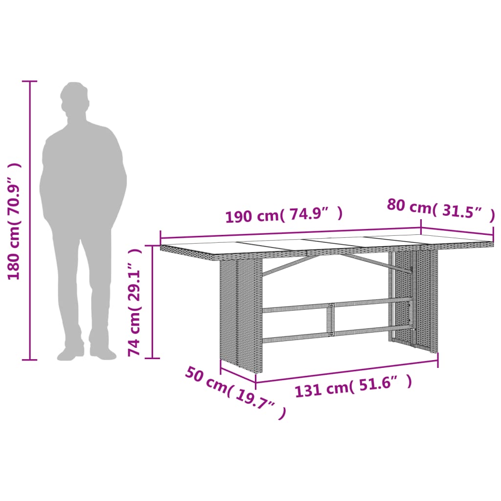 Mesa de jardim com tampo de vidro 190x80x74 cm vime PE cinza