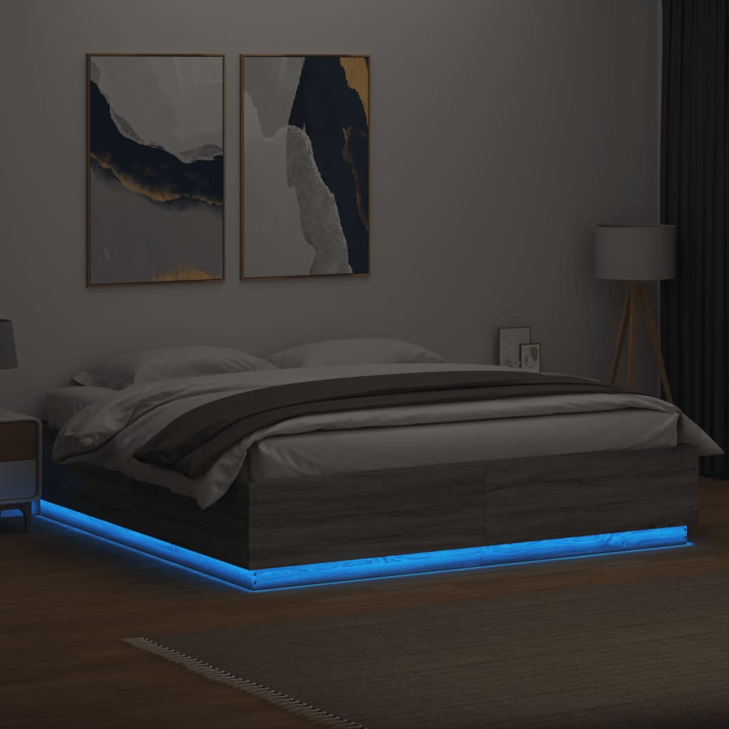 Estrutura de cama c/ luzes LED derivados madeira cinza sonoma