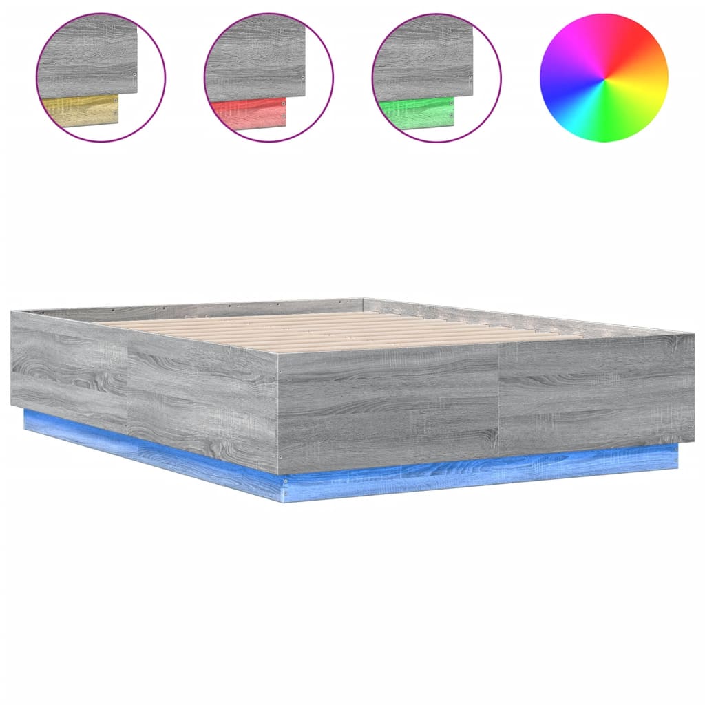 Estrutura de cama c/ luzes LED derivados madeira cinza sonoma