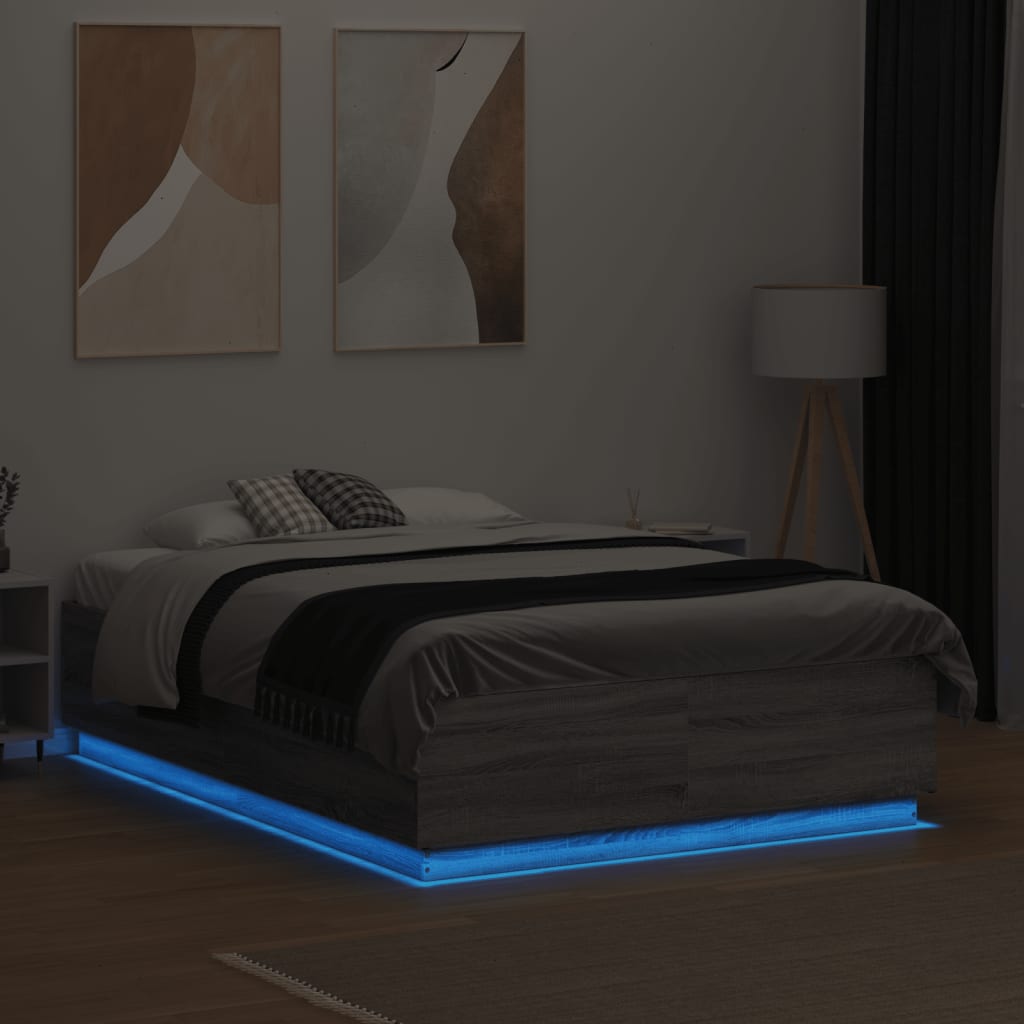 Estrutura de cama c/ luzes LED derivados madeira cinza sonoma