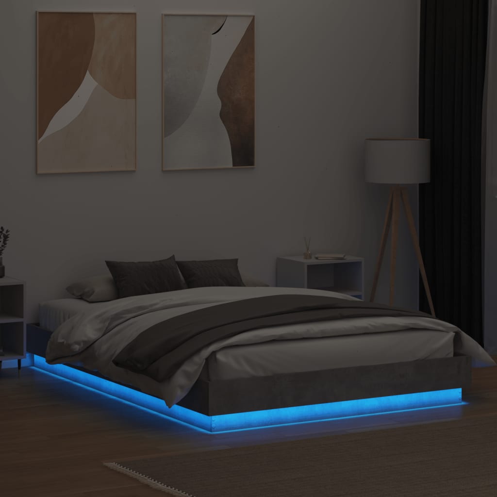 Estrutura de cama com luzes LED 140x200 cm cinzento cimento