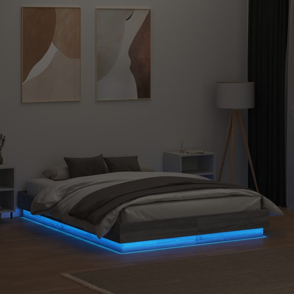 Estrutura de cama com luzes LED 140x190 cm cinzento sonoma