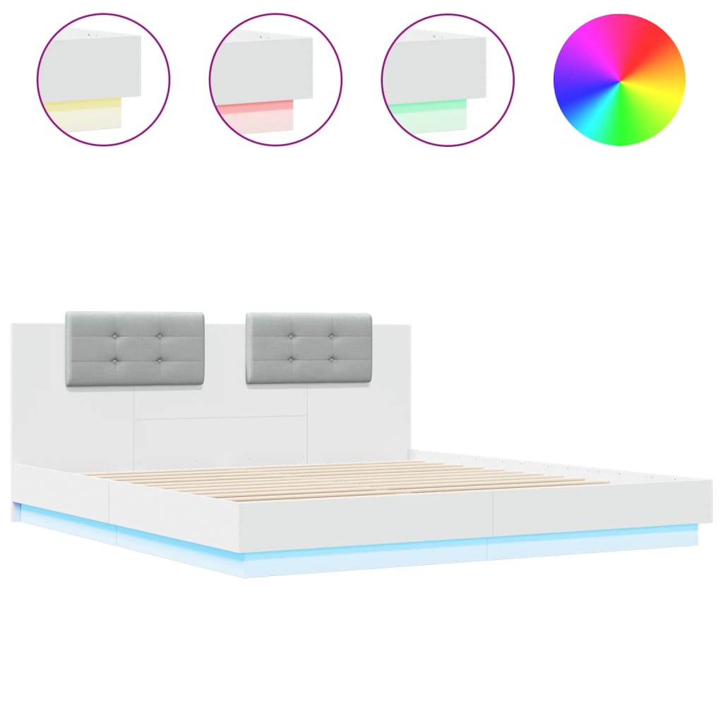 Estrutura de cama com cabeceira e luzes LED 200x200 cm branco