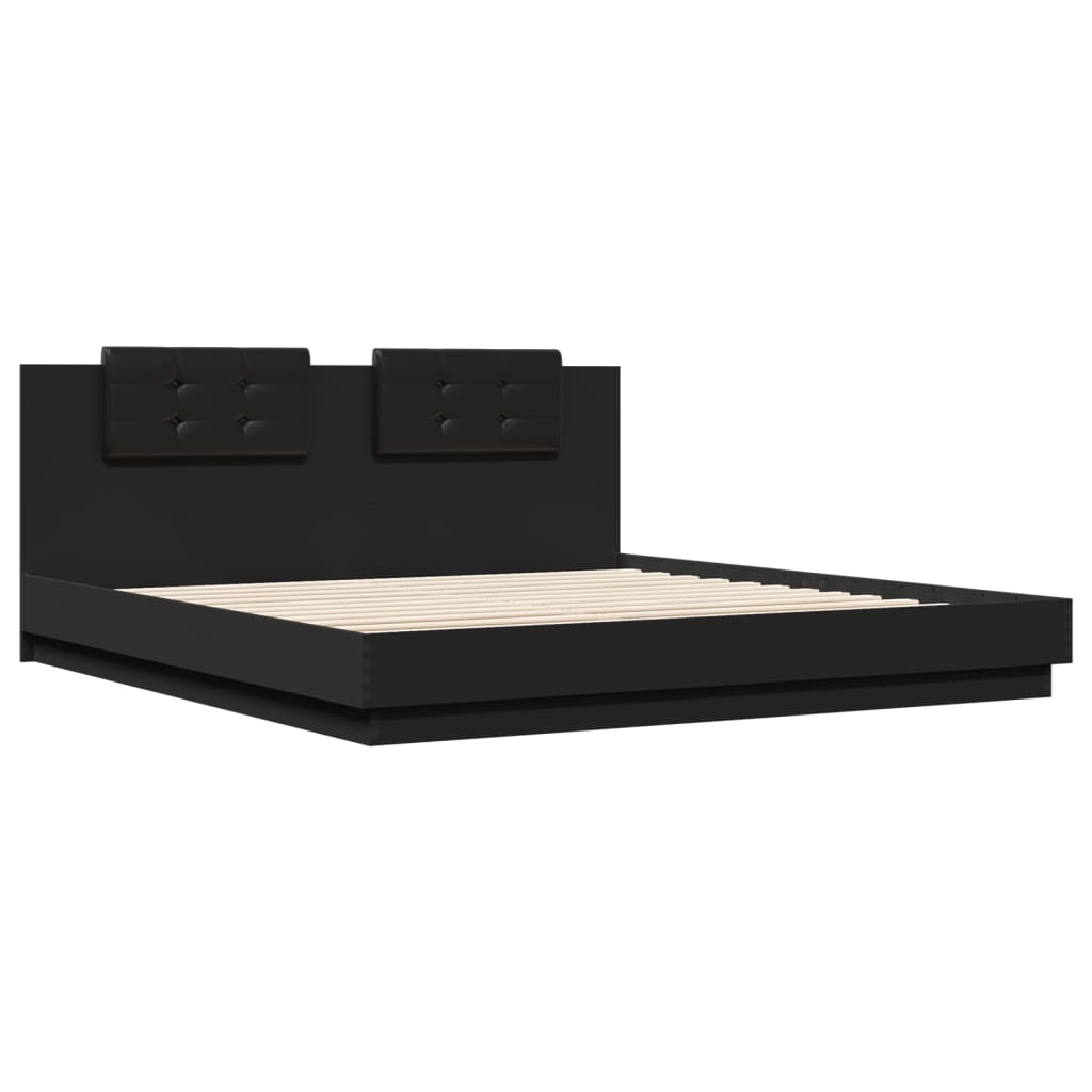 Estrutura de cama com cabeceira e luzes LED 200x200 cm preto