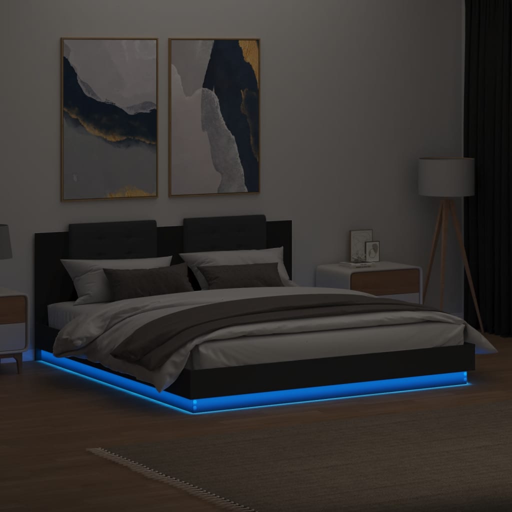 Estrutura de cama com cabeceira e luzes LED 160x200 cm preto