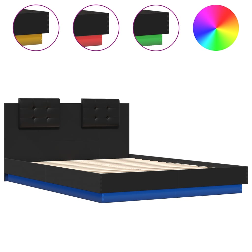 Estrutura de cama com cabeceira e luzes LED 150x200 cm preto