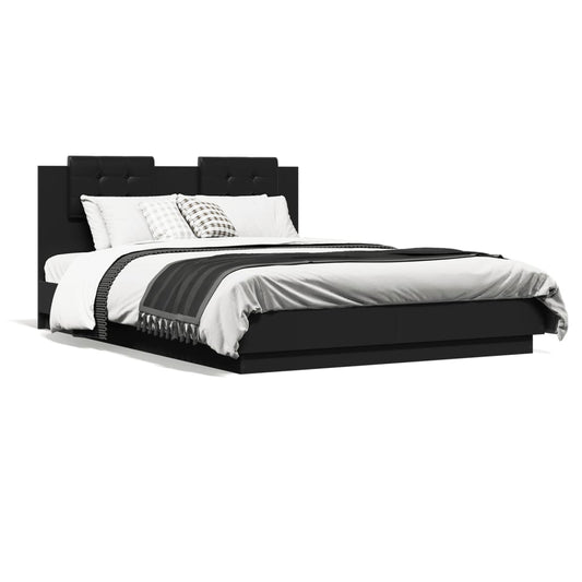 Estrutura de cama com cabeceira e luzes LED 150x200 cm preto