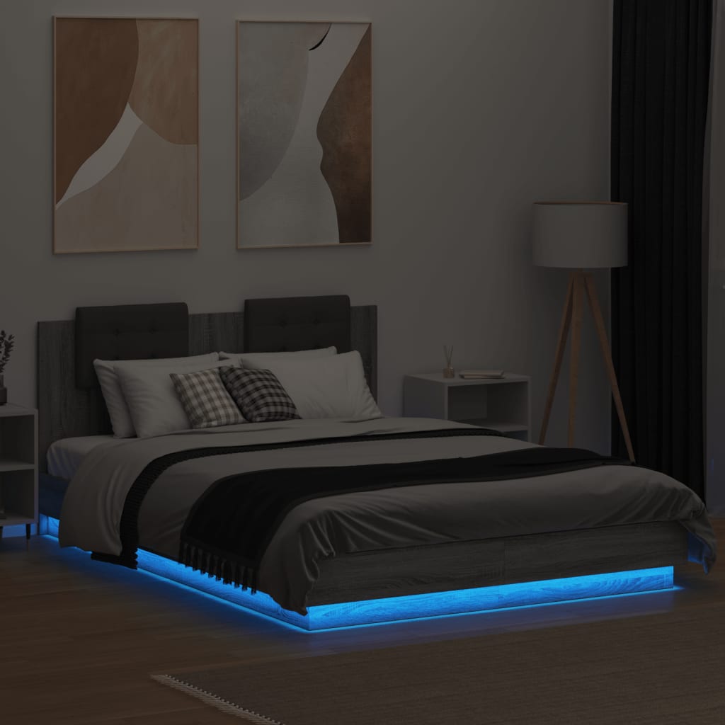 Estrutura de cama c/ cabeceira/luzes LED 150x200cm cinza sonoma