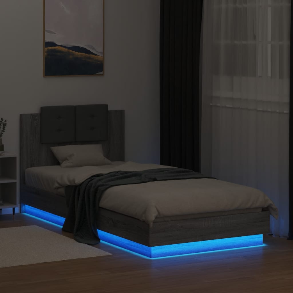 Estrutura de cama c/ cabeceira/luzes LED 100x200cm cinza sonoma