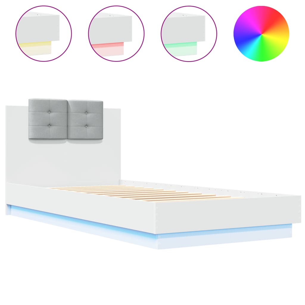 Estrutura de cama com cabeceira e luzes LED 90x200 cm branco