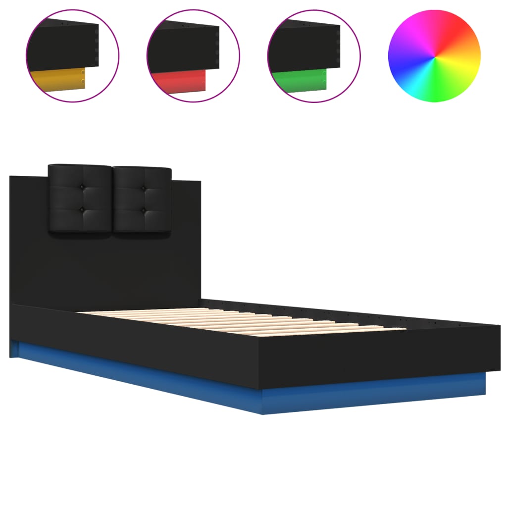 Estrutura de cama com cabeceira e luzes LED 90x200 cm preto