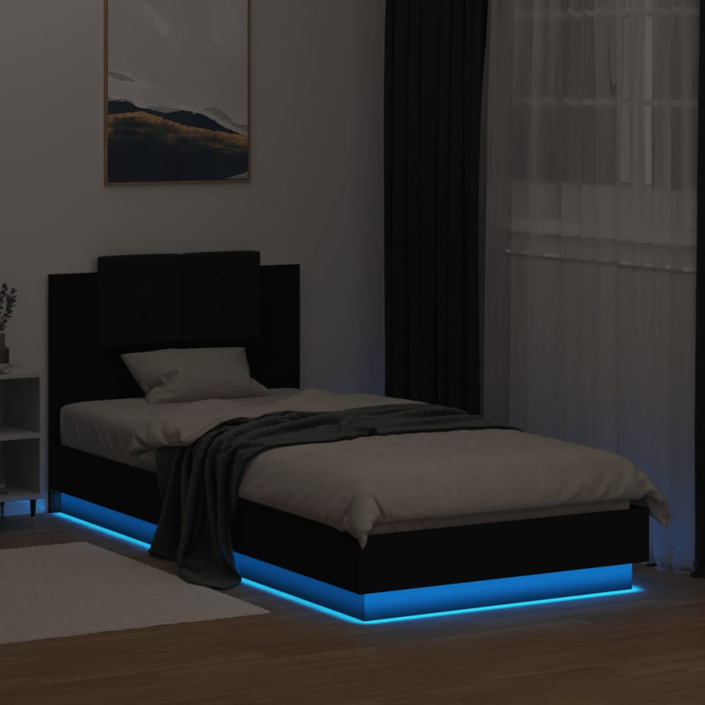 Estrutura de cama com cabeceira e luzes LED 90x200 cm preto