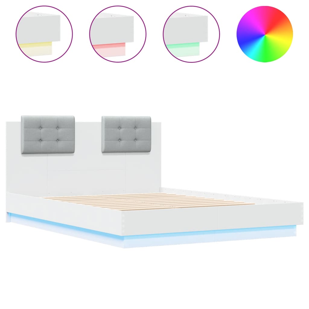 Estrutura de cama com cabeceira e luzes LED 140x190 cm branco