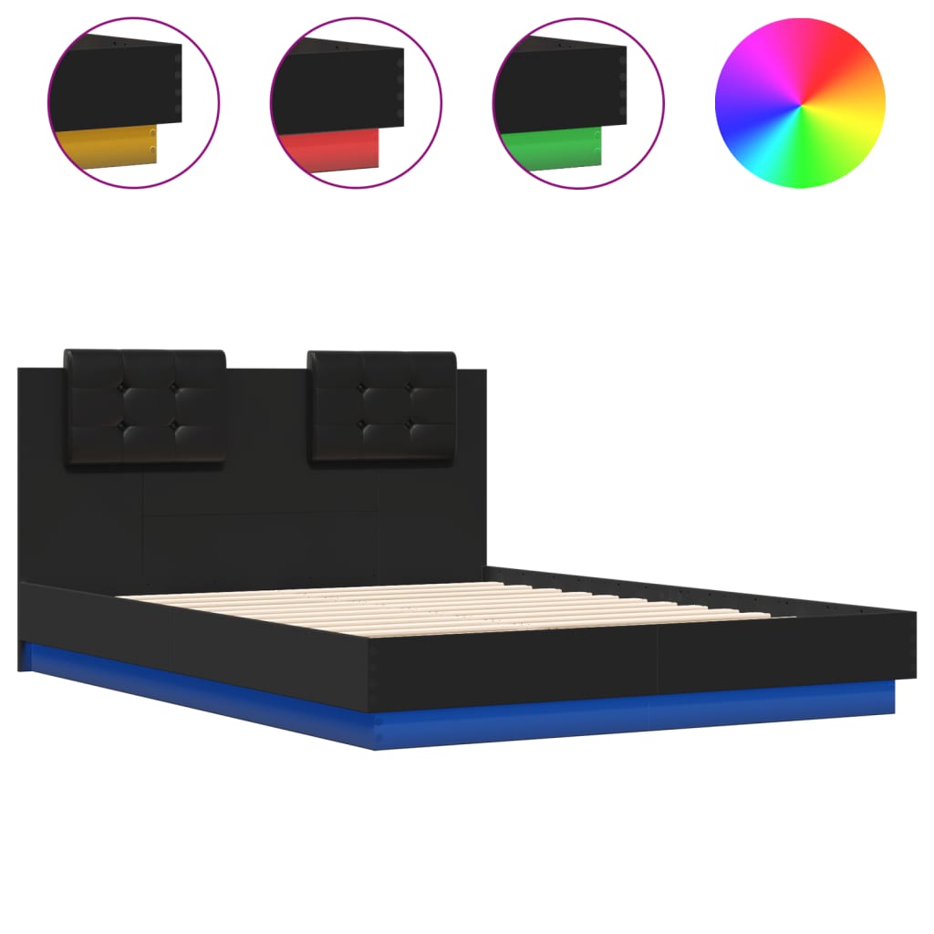 Estrutura de cama com cabeceira e luzes LED 140x190 cm preto