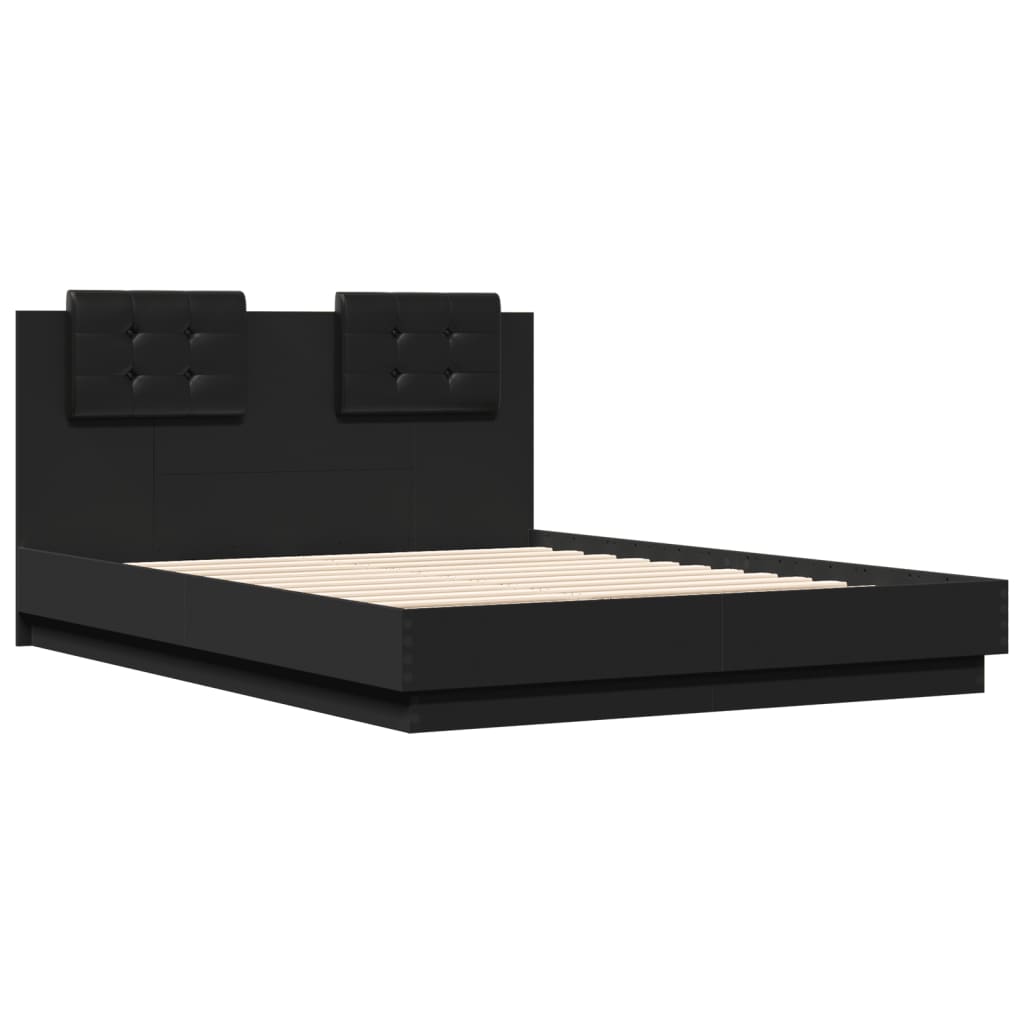 Estrutura de cama com cabeceira e luzes LED 140x190 cm preto