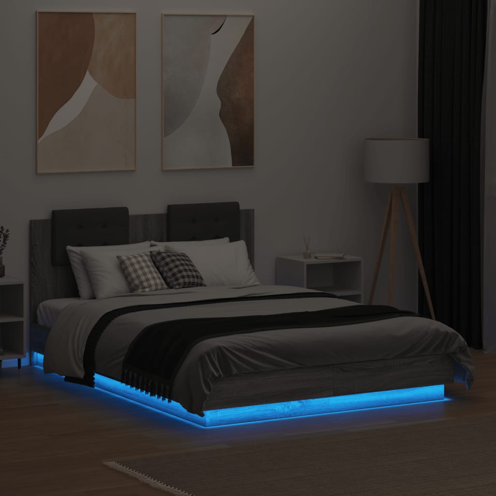 Estrutura de cama c/ cabeceira/luzes LED 140x190cm cinza sonoma