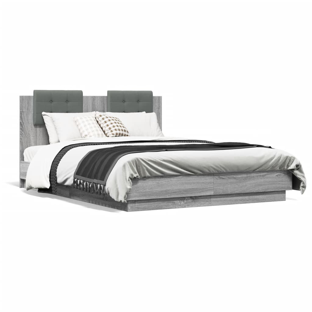 Estrutura de cama c/ cabeceira/luzes LED 140x190cm cinza sonoma