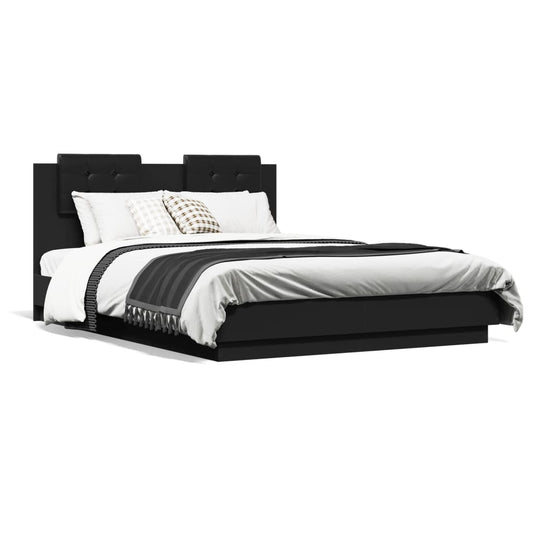 Estrutura de cama com cabeceira e luzes LED 135x190 cm preto