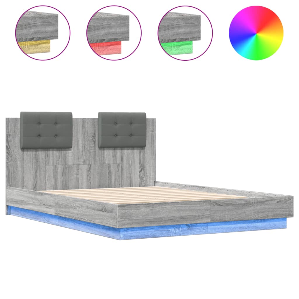 Estrutura de cama c/ cabeceira/luzes LED 120x190cm cinza sonoma