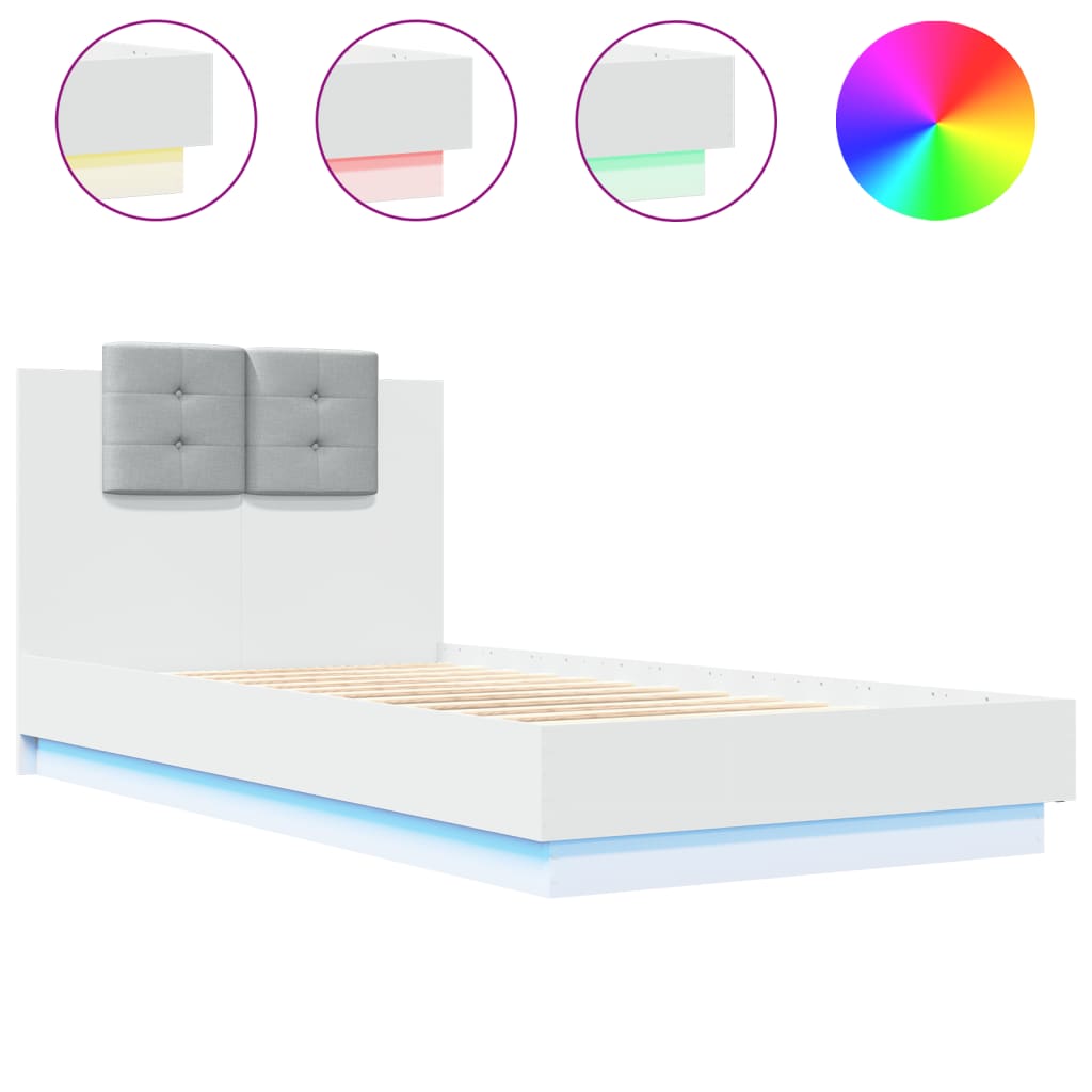 Estrutura de cama c/ cabeceira e luzes LED 90x190 cm branco