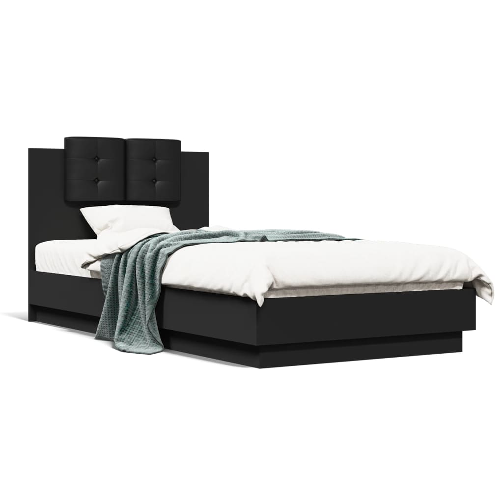 Estrutura de cama c/ cabeceira e luzes LED 90x190 cm preto