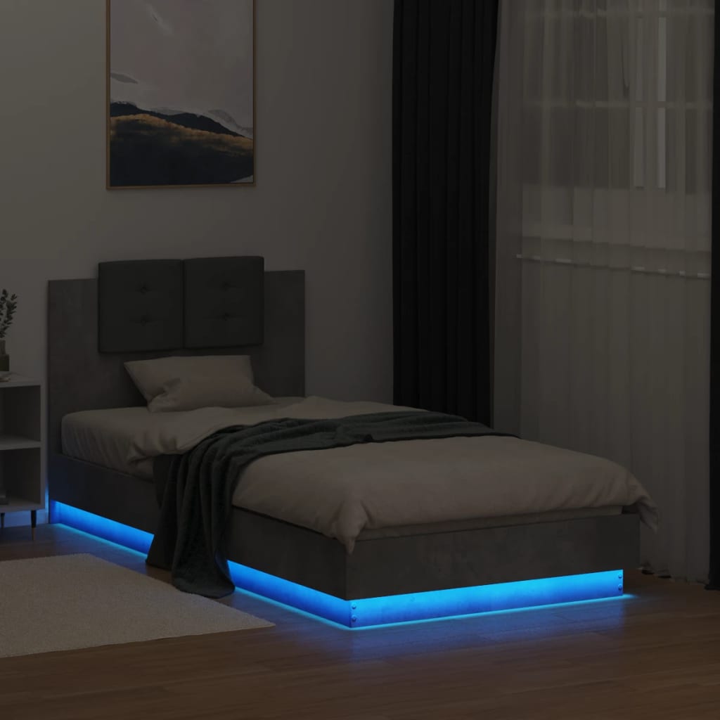 Estrutura de cama c/ cabeceira/luzes LED 90x190cm cinza cimento