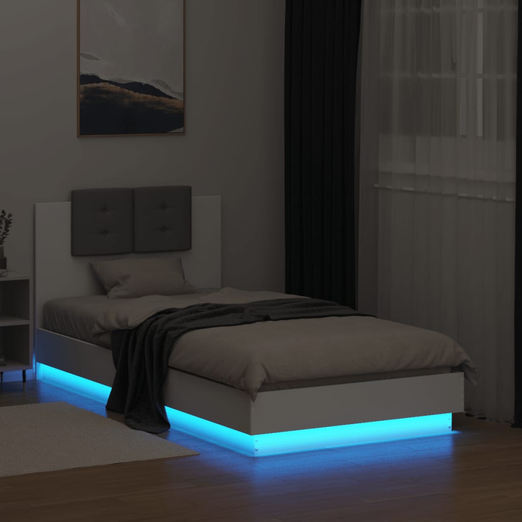 Estrutura de cama com cabeceira e luzes LED 75x190 cm branco