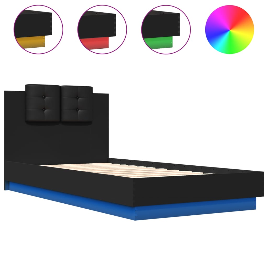 Estrutura de cama com cabeceira e luzes LED 75x190 cm preto