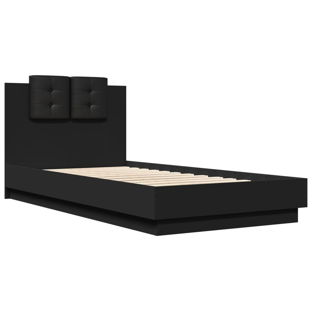 Estrutura de cama com cabeceira e luzes LED 75x190 cm preto