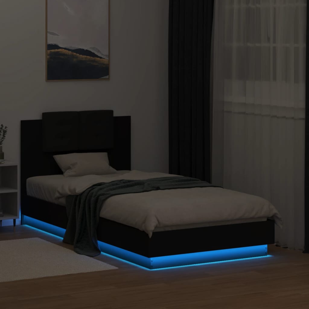 Estrutura de cama com cabeceira e luzes LED 75x190 cm preto