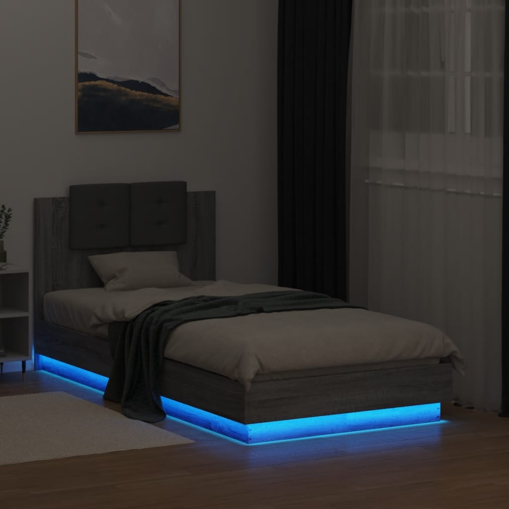 Estrutura de cama c/ cabeceira/luzes LED 75x190 cm cinza sonoma