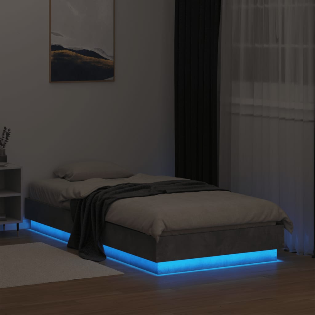 Estrutura de cama com luzes LED 75x190 cm cinzento cimento