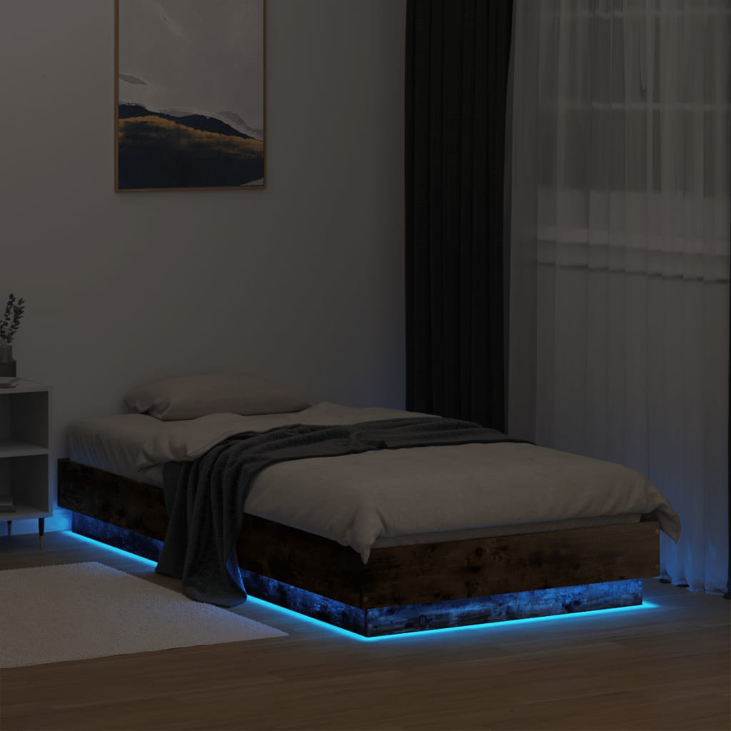 Estrutura de cama com luzes LED 75x190 cm carvalho fumado