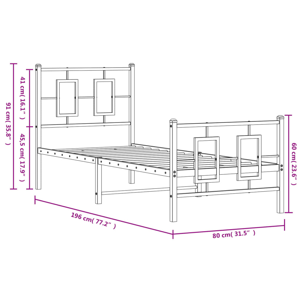 Estrutura de cama com cabeceira e pés 75x190 cm metal preto