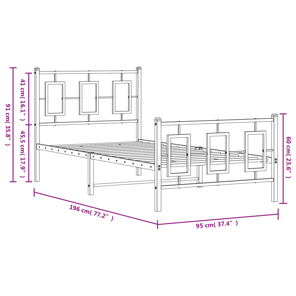 Estrutura de cama com cabeceira e pés 90x190 cm metal preto