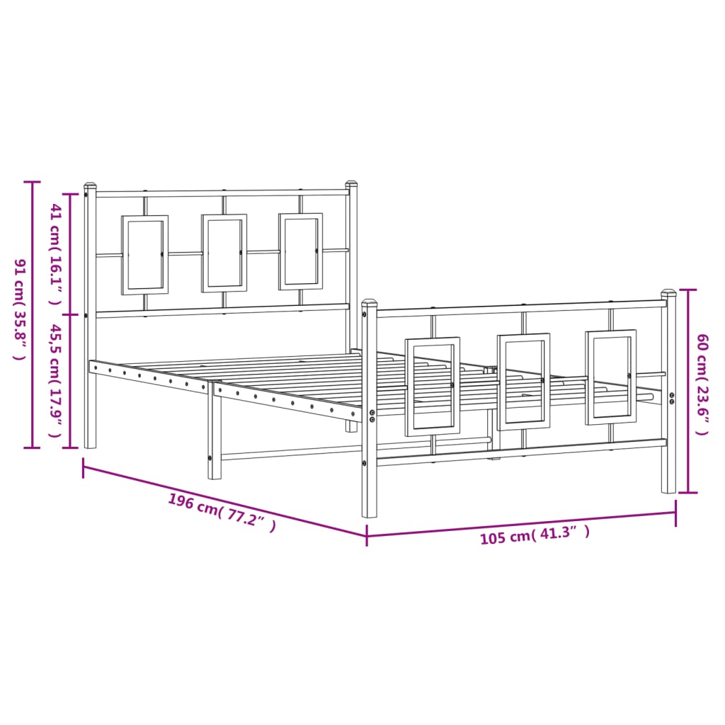 Estrutura de cama com cabeceira e pés 100x190 cm metal preto