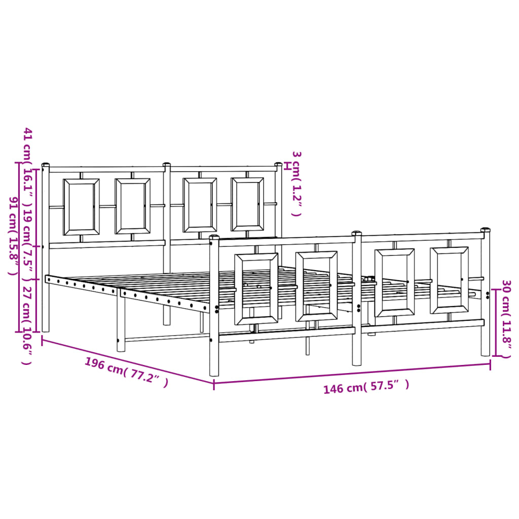 Estrutura de cama com cabeceira e pés 140x190 cm metal preto