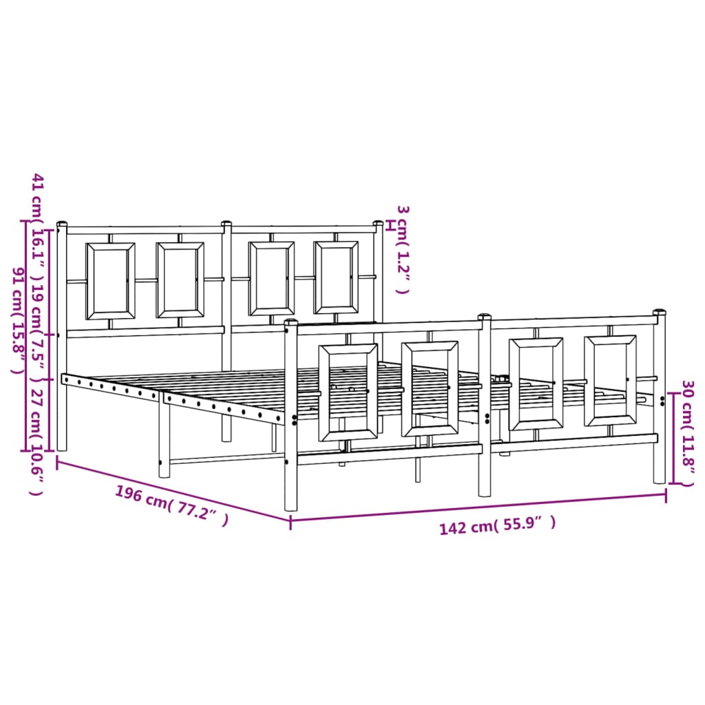 Estrutura de cama com cabeceira e pés 135x190 cm metal branco