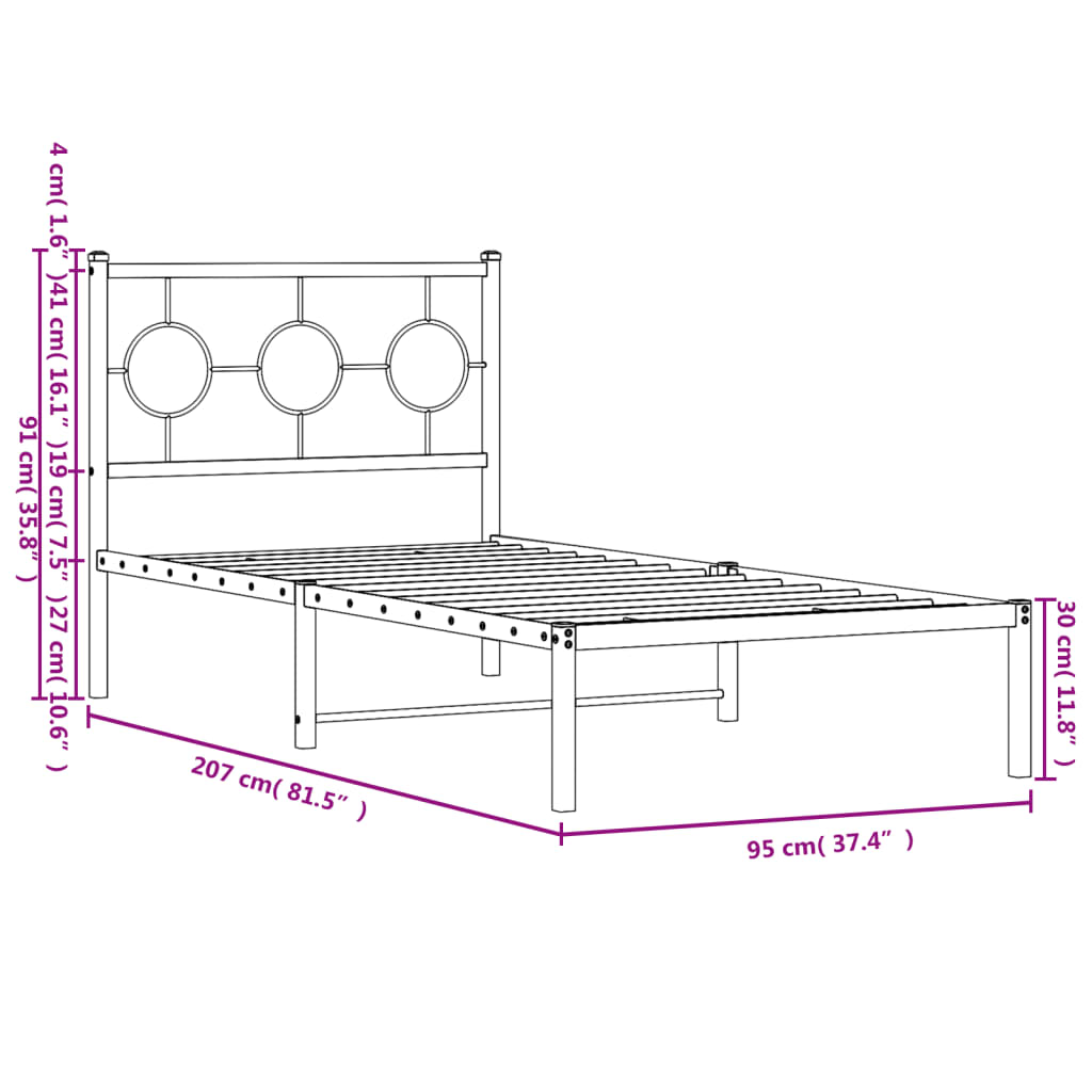 Estrutura de cama com cabeceira 90x200 cm metal preto