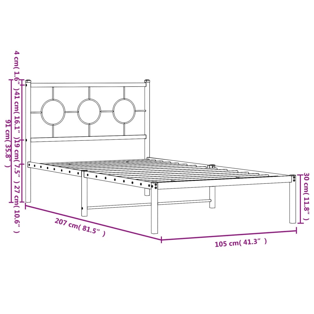 Estrutura de cama com cabeceira 100x200 cm metal preto