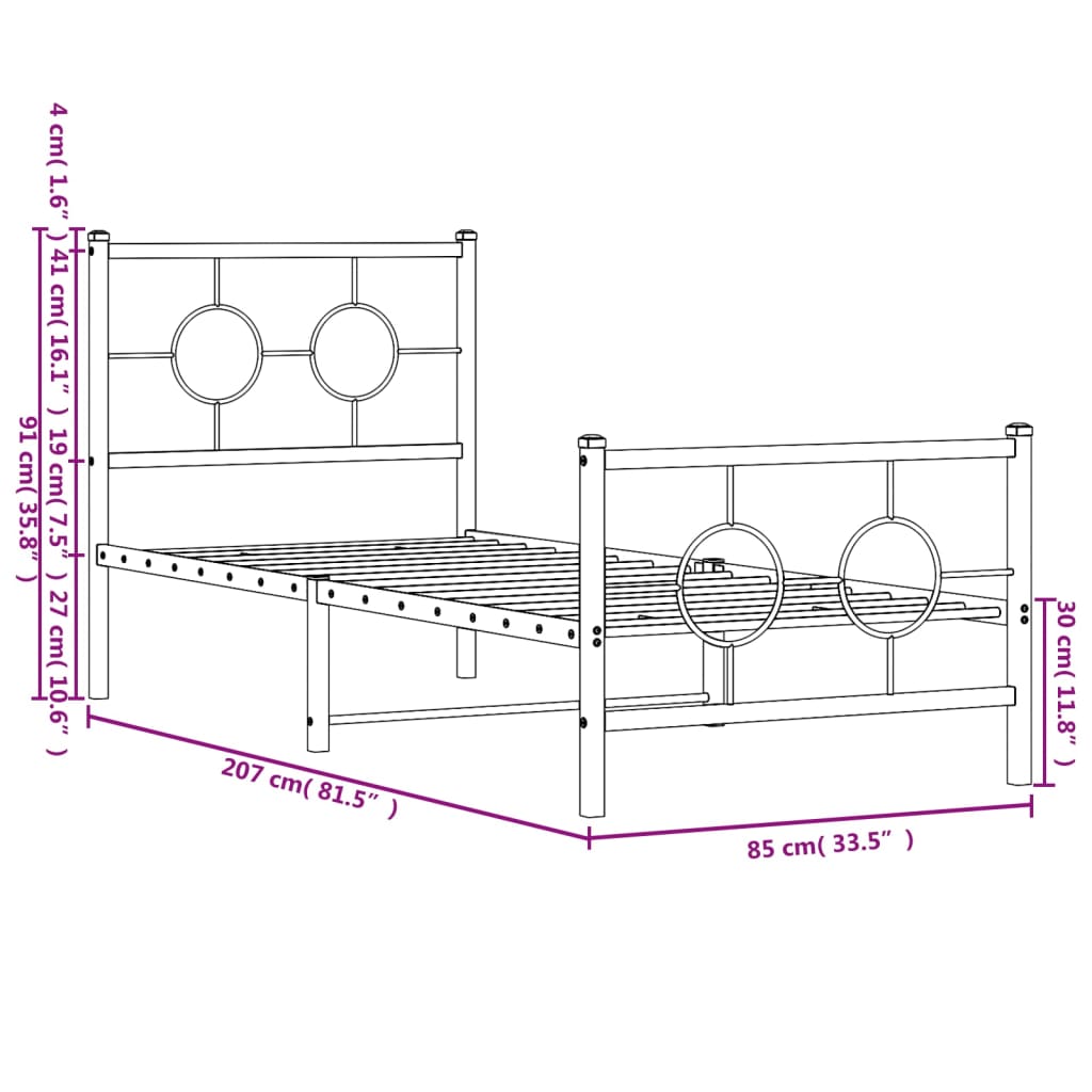 Estrutura de cama com cabeceira e pés 80x200 cm metal preto