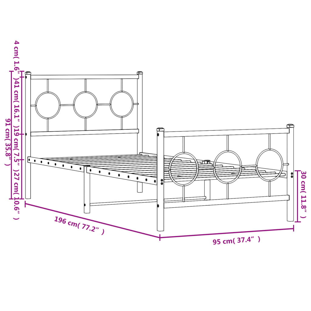 Estrutura de cama com cabeceira e pés 90x190 cm metal preto