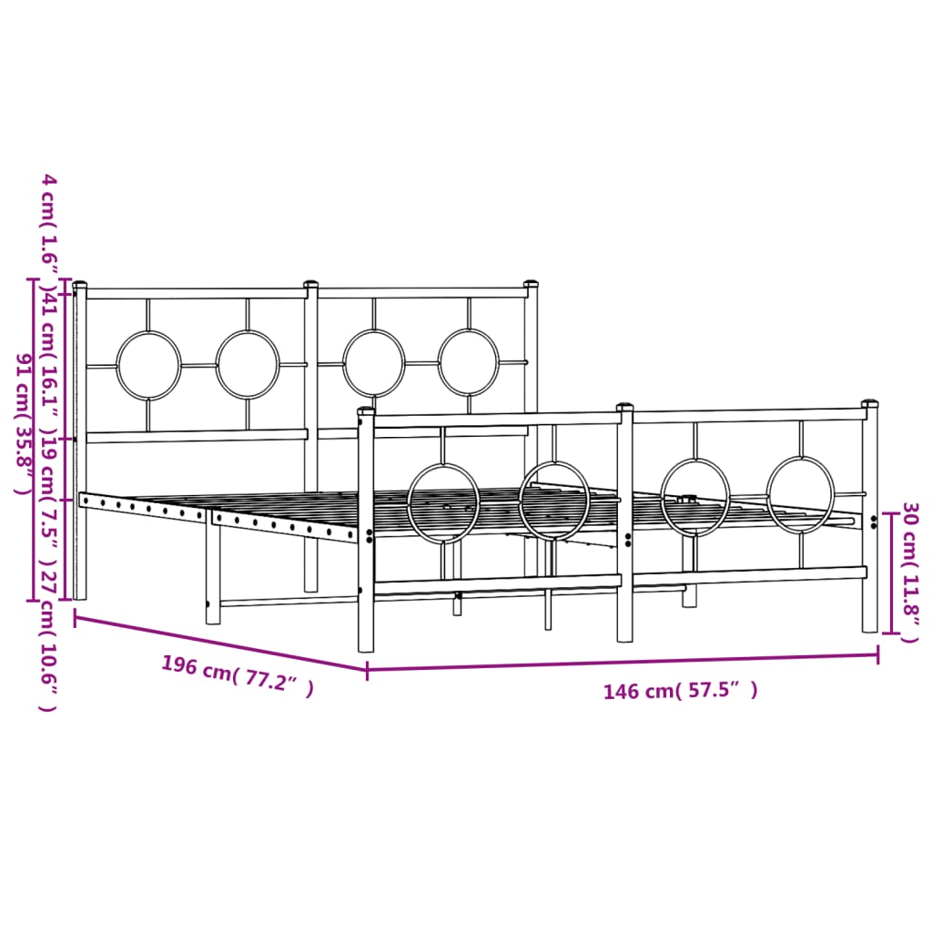 Estrutura de cama com cabeceira e pés 140x190 cm metal preto