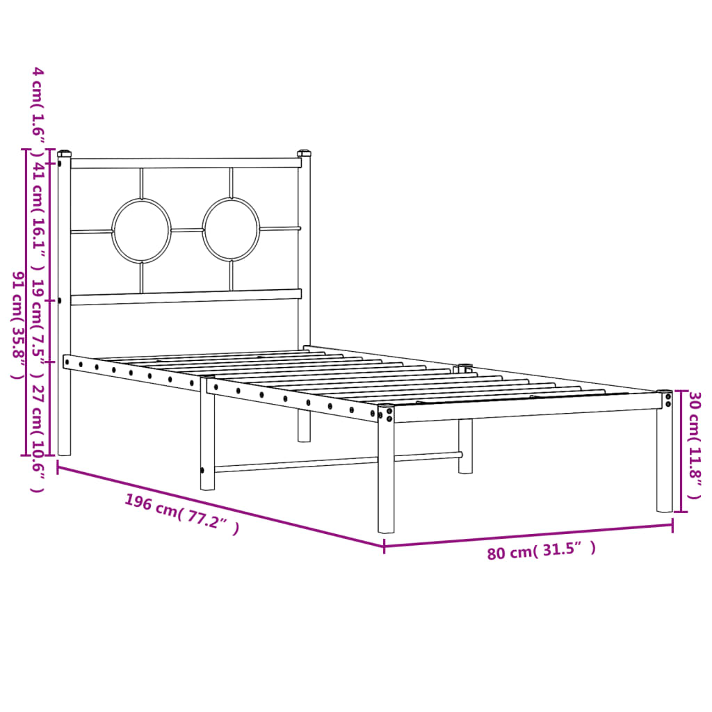 Estrutura de cama com cabeceira 75x190 cm metal branco