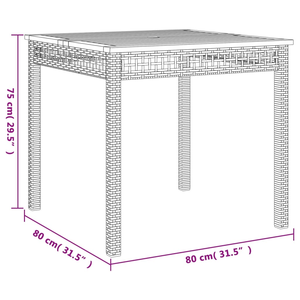 Mesa de jardim 80x80x75 cm vime PE e madeira de acácia bege