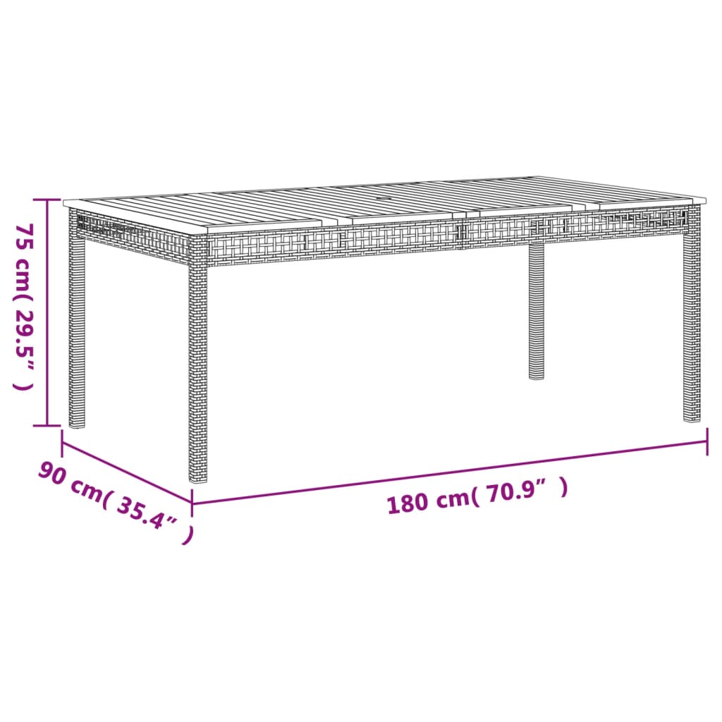 Mesa de jardim 180x90x75 cm vime PE e madeira de acácia preto