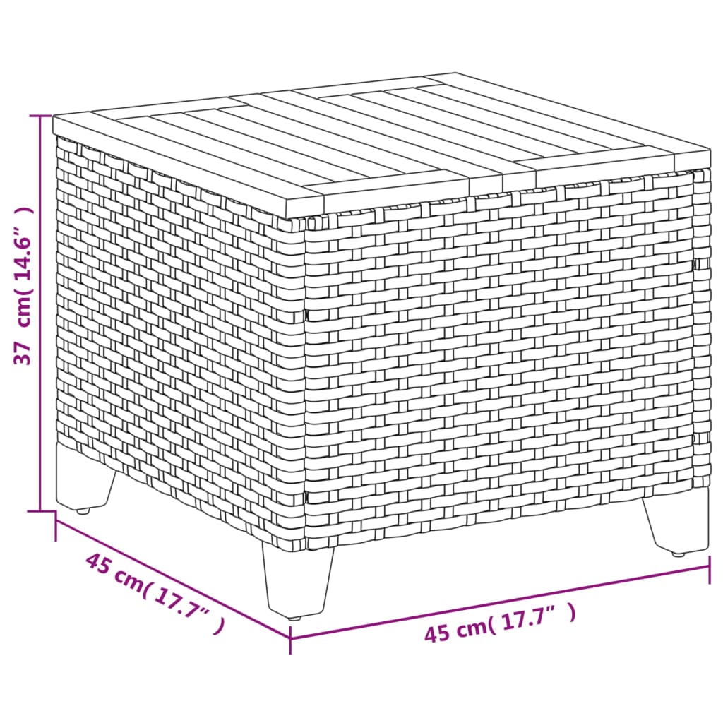 Mesa de jardim 45x45x37 cm vime PE e madeira de acácia cinzento