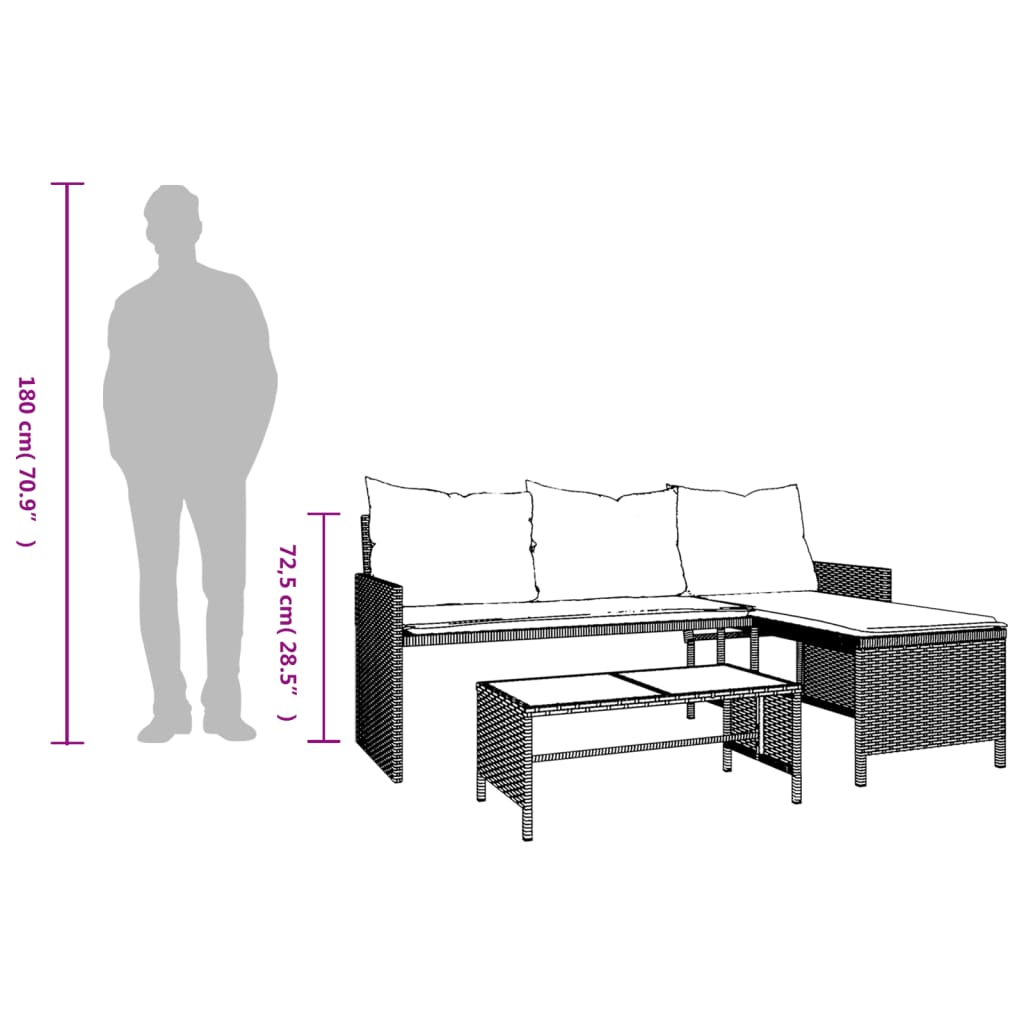 Sofá de jardim forma de L c/ mesa e almofadões vime PE bege